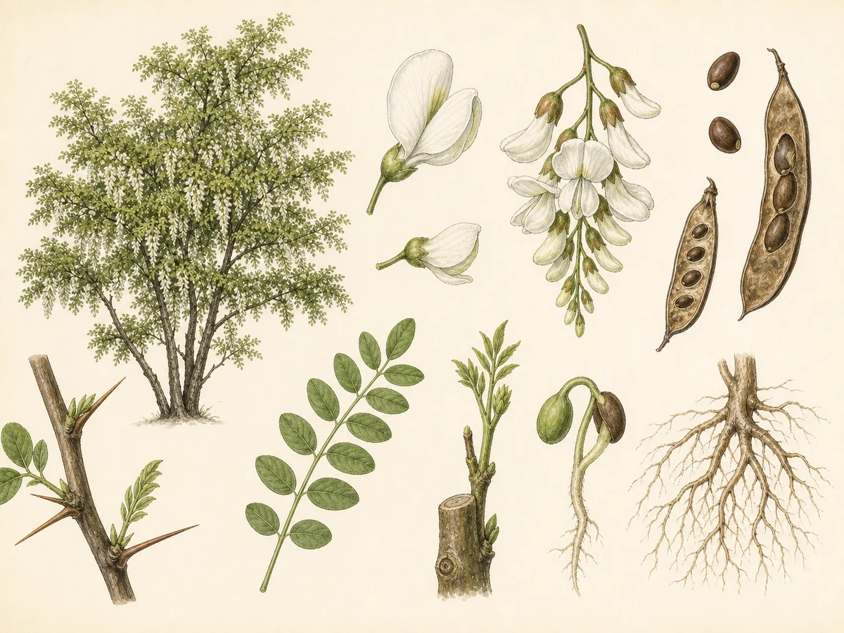Prancha botânica complementar de Robínia — não plantar (Robinia pseudoacacia) com caracteres de identificação e ciclo de vida
