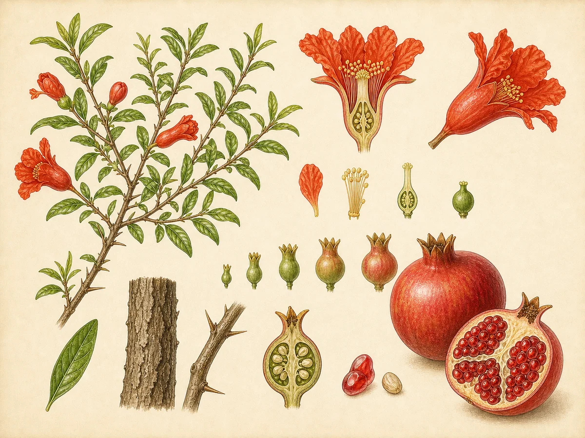 Prancha botânica complementar de Romãzeira (Punica granatum) com caracteres de identificação e ciclo de vida