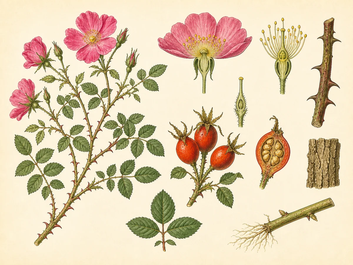Prancha botânica complementar de Rosa-da-China (Rosa chinensis) com caracteres de identificação e ciclo de vida