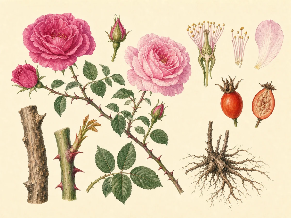 Prancha botânica complementar de Roseira (Rosa × hybrida) com caracteres de identificação e ciclo de vida