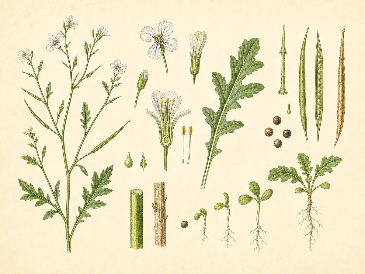 Prancha botânica complementar de Rúcula (Eruca vesicaria subsp. sativa) com caracteres de identificação e ciclo de vida
