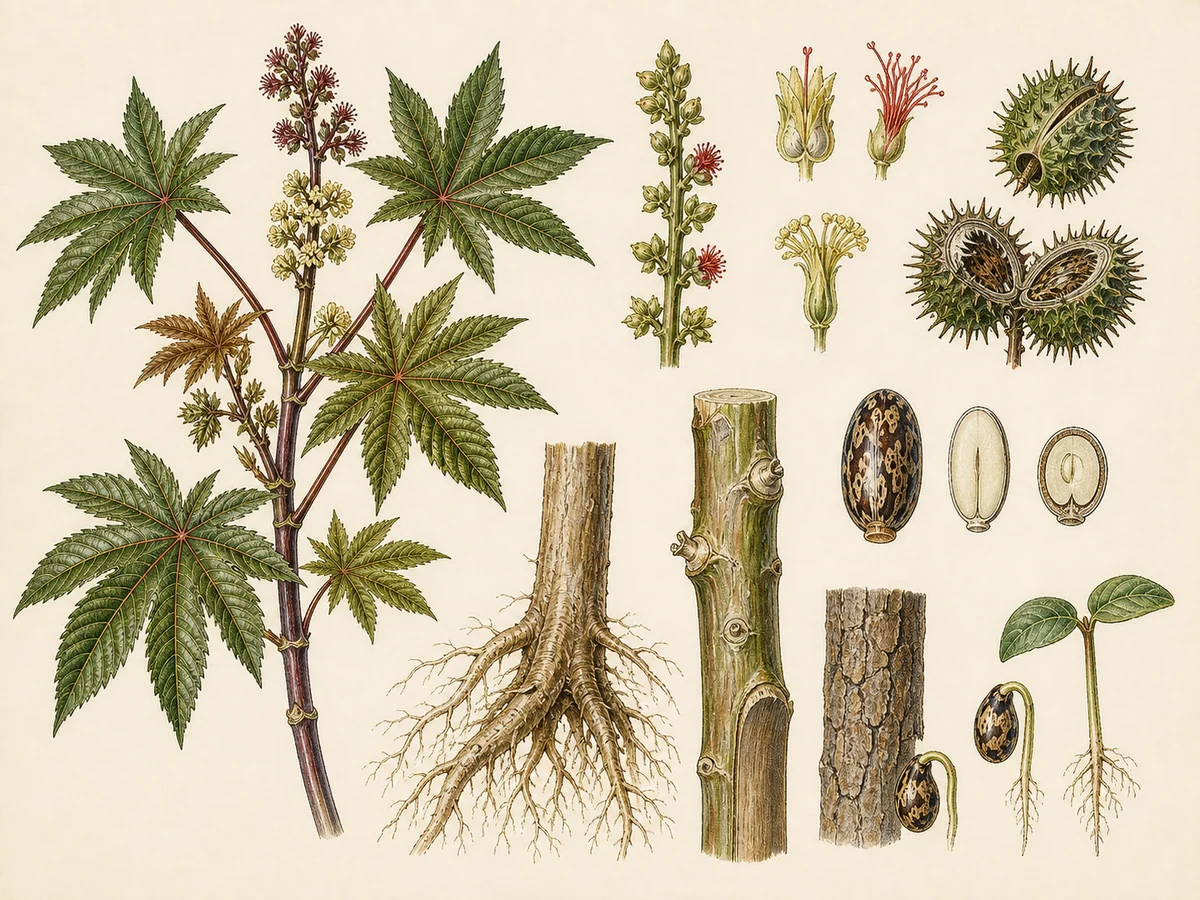 Prancha botânica complementar de Rícino (Ricinus communis) com caracteres de identificação e ciclo de vida