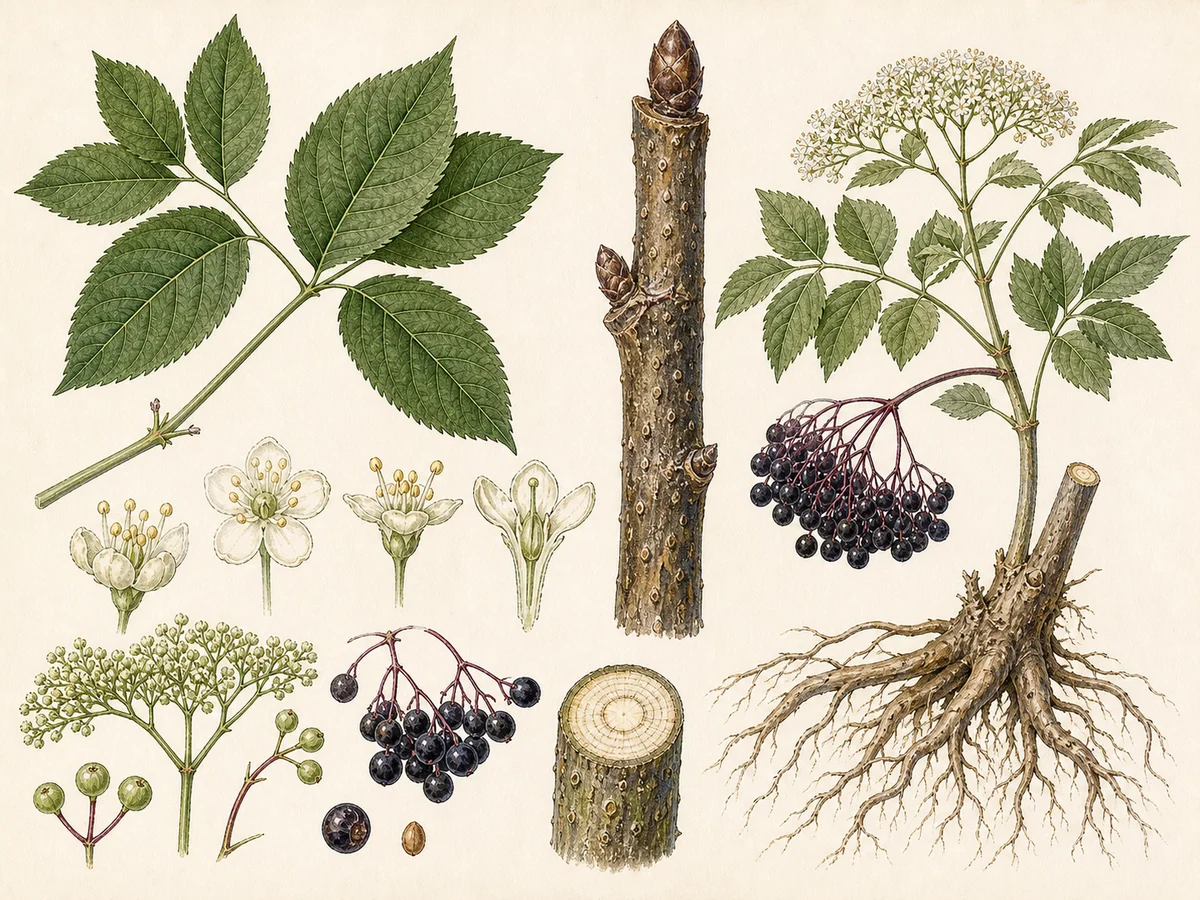 Prancha botânica complementar de Sabugueiro (Sambucus nigra) com caracteres de identificação e ciclo de vida