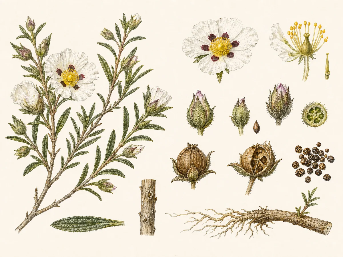 Prancha botânica complementar de Sagarço (Cistus monspeliensis) com caracteres de identificação e ciclo de vida
