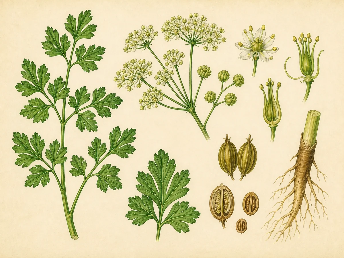 Prancha botânica complementar de Salsa (Petroselinum crispum) com caracteres de identificação e ciclo de vida