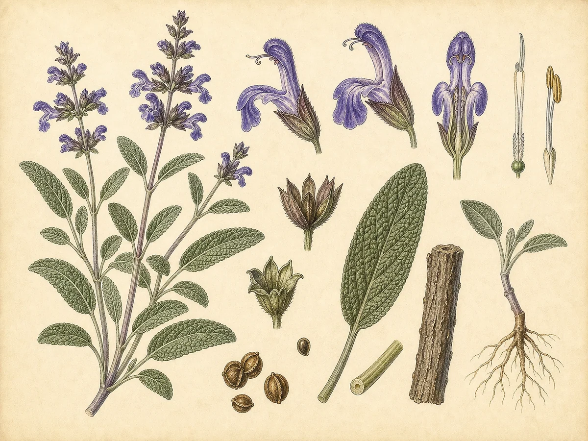 Prancha botânica complementar de Salva-comum (Salvia officinalis) com caracteres de identificação e ciclo de vida