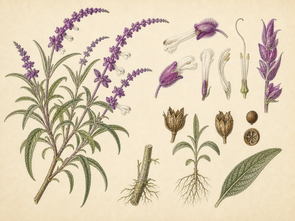 Prancha botânica complementar de Sálvia-do-méxico (Salvia leucantha) com caracteres de identificação e ciclo de vida