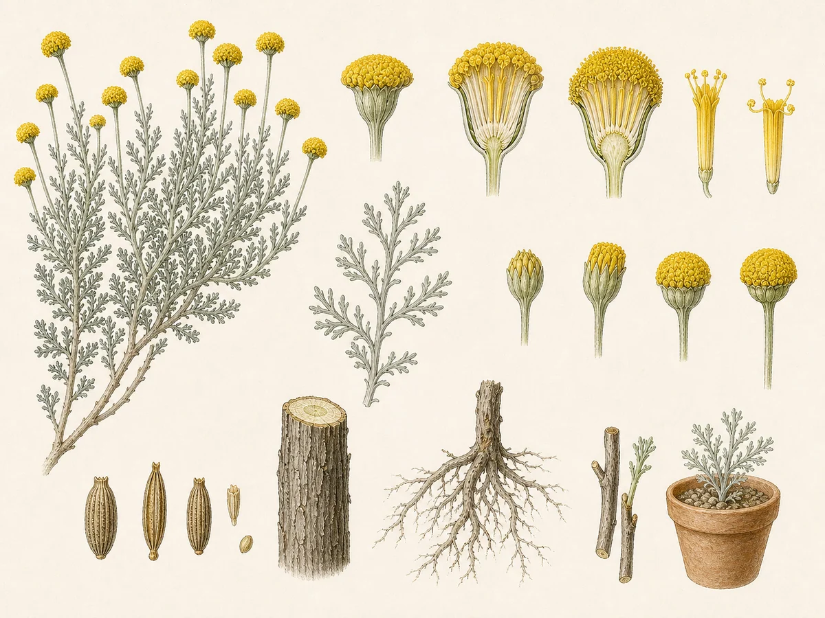 Prancha botânica complementar de Santolina-cinzenta (Santolina chamaecyparissus) com caracteres de identificação e ciclo de vida