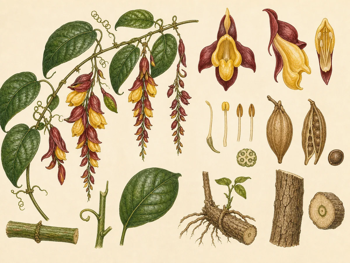 Prancha botânica complementar de Sapatinho-de-judia (Thunbergia mysorensis) com caracteres de identificação e ciclo de vida
