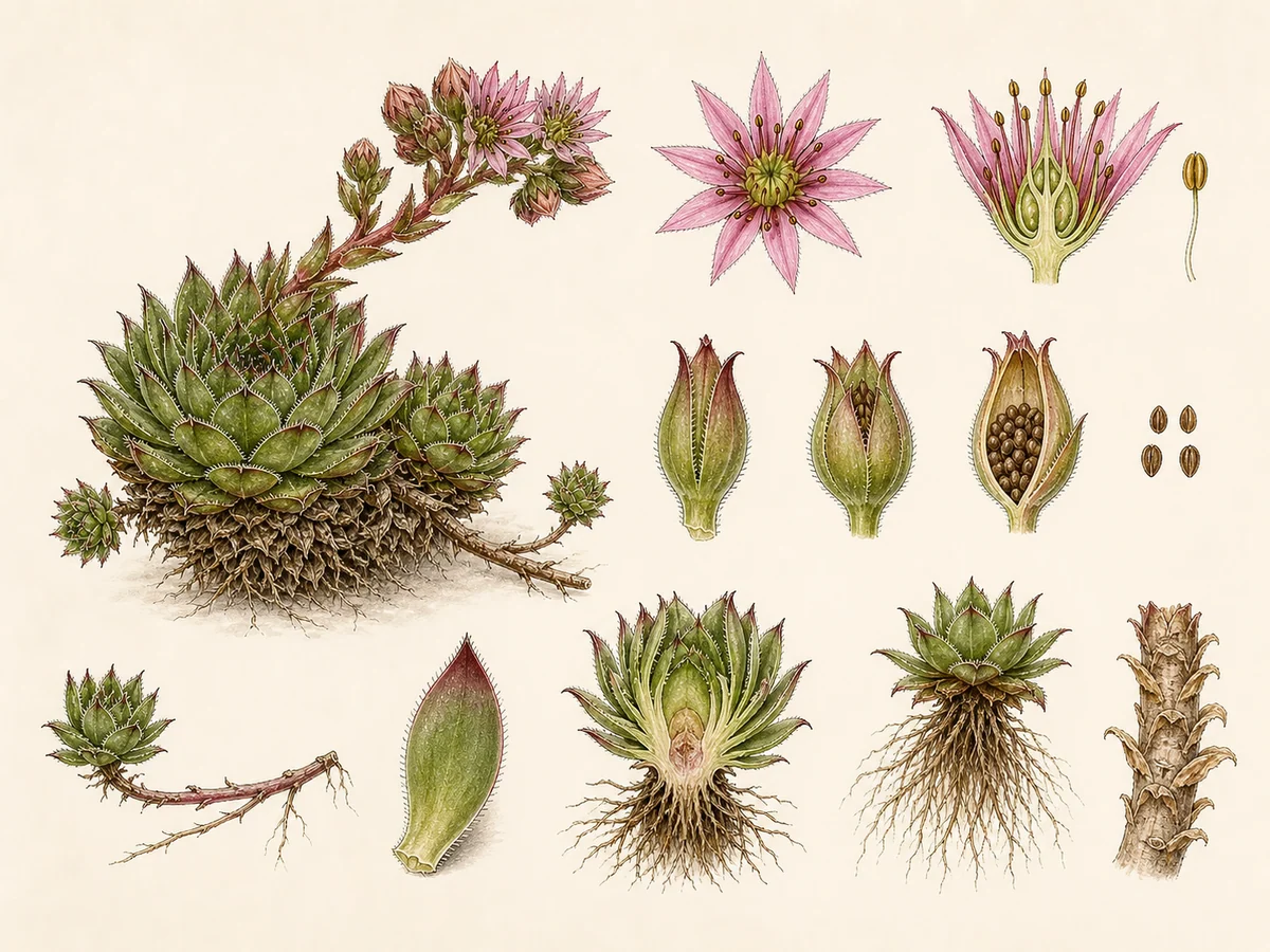Prancha botânica complementar de Sempre-viva (Sempervivum tectorum) com caracteres de identificação e ciclo de vida