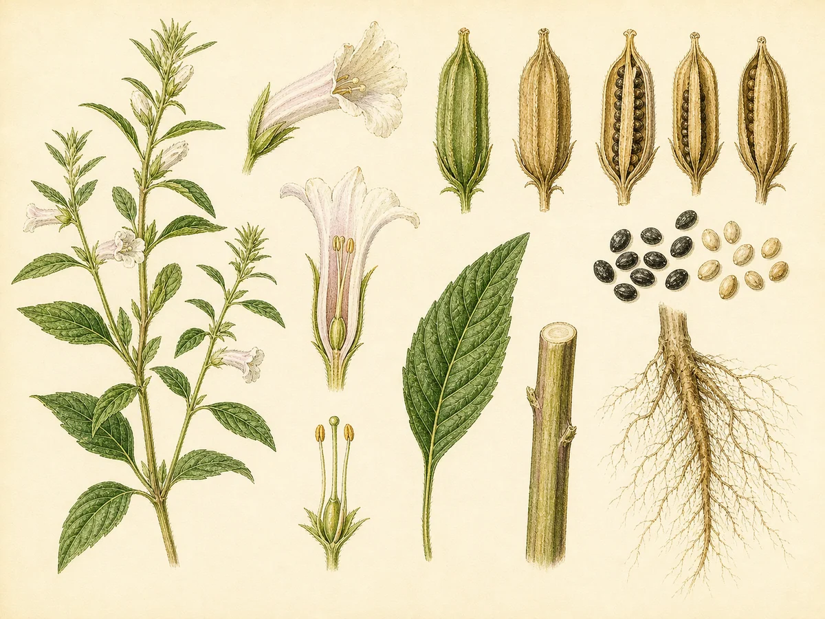 Prancha botânica complementar de Sésamo (Sesamum indicum) com caracteres de identificação e ciclo de vida