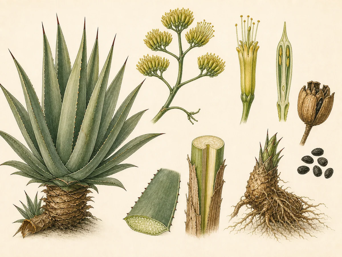 Prancha botânica complementar de Sisal (Agave sisalana) com caracteres de identificação e ciclo de vida