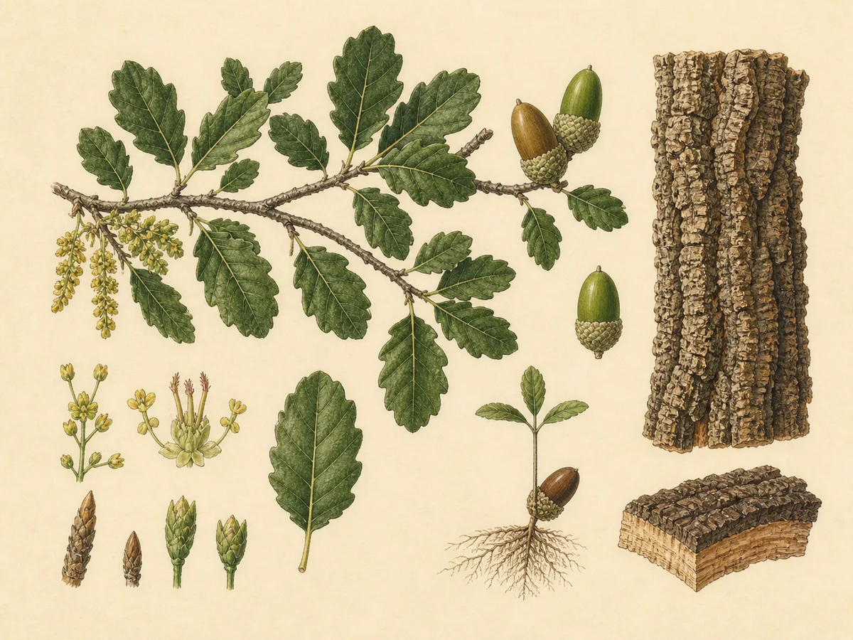 Prancha botânica complementar de Sobreiro (Quercus suber) com caracteres de identificação e ciclo de vida