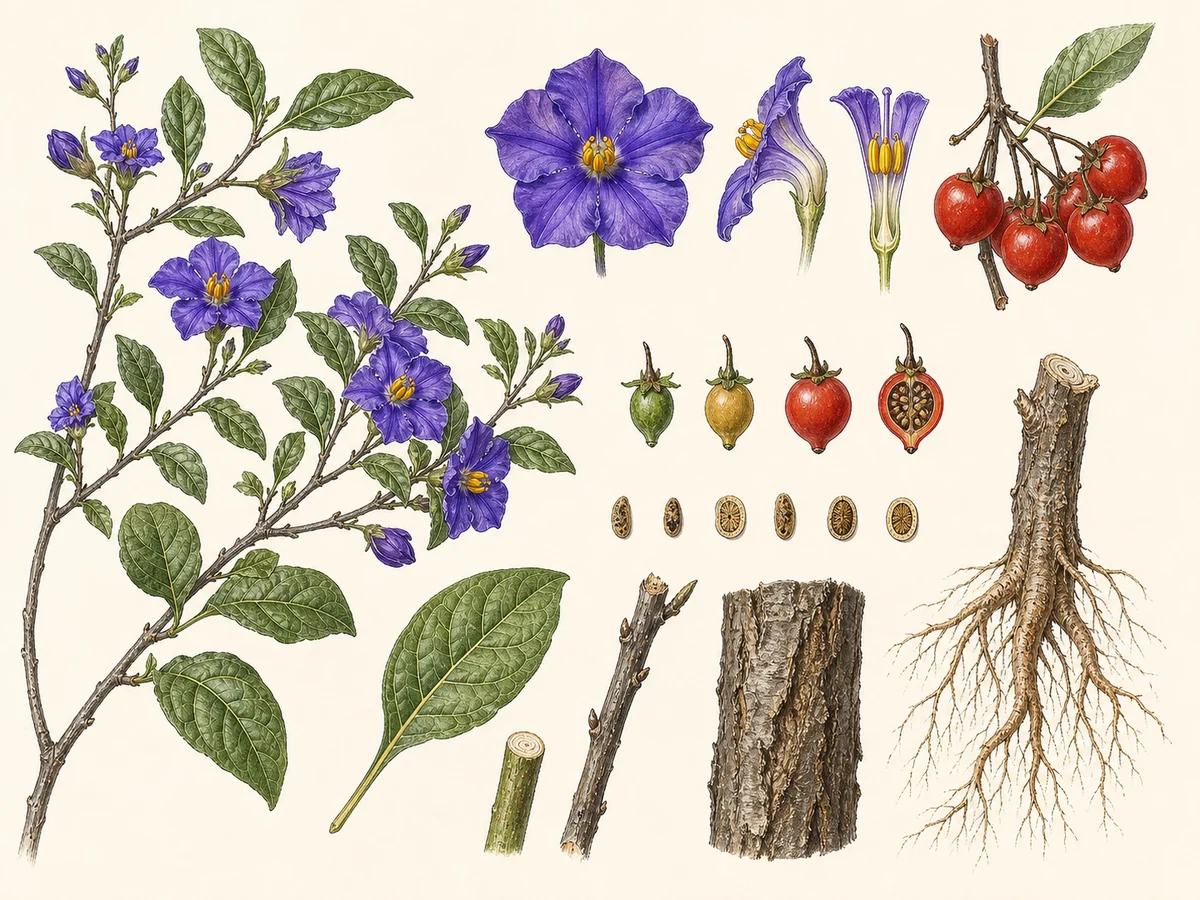 Prancha botânica complementar de Solano-azul (Lycianthes rantonnetii) com caracteres de identificação e ciclo de vida
