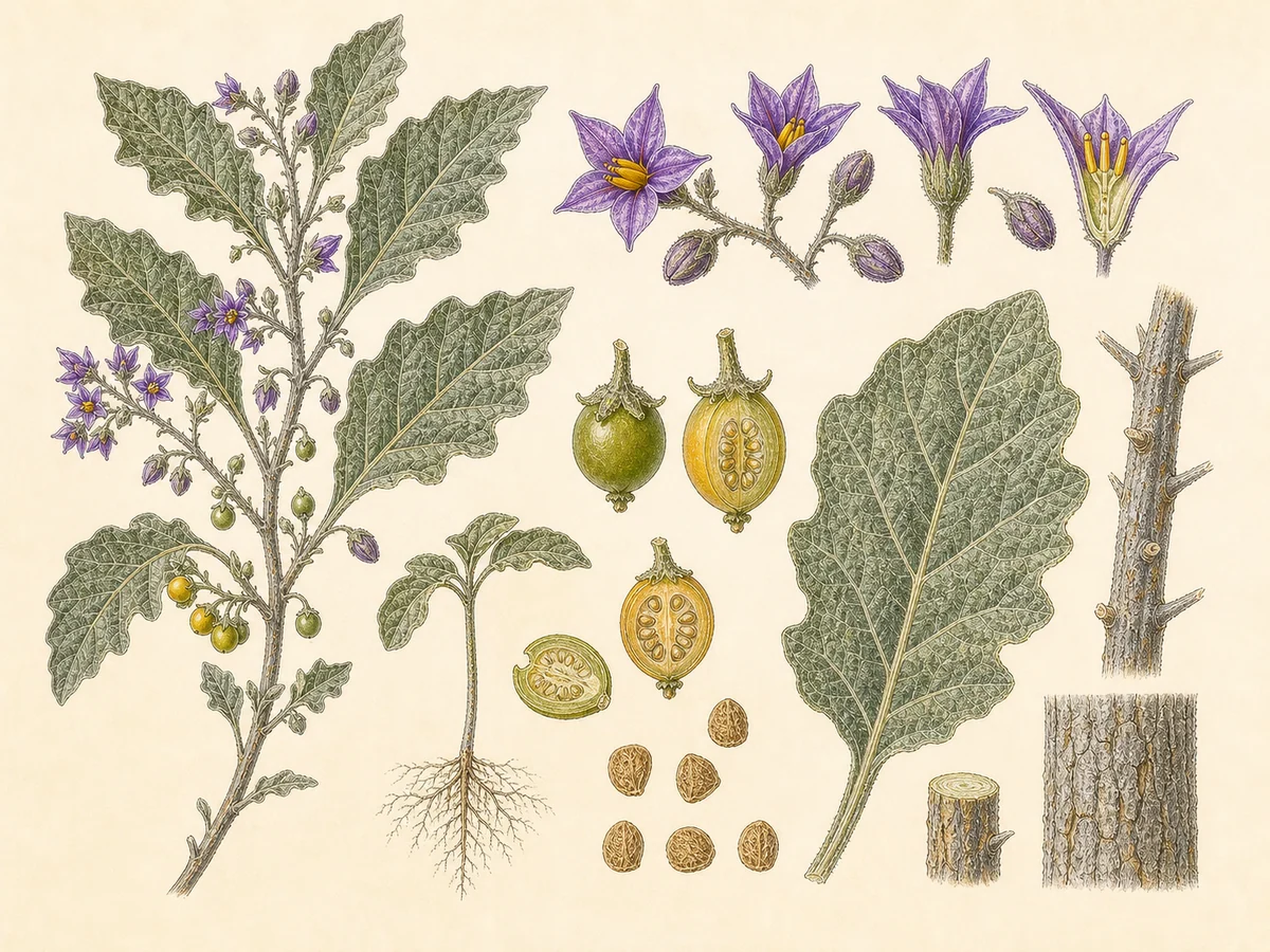Prancha botânica complementar de Fumo-bravo (Solanum mauritianum) com caracteres de identificação e ciclo de vida
