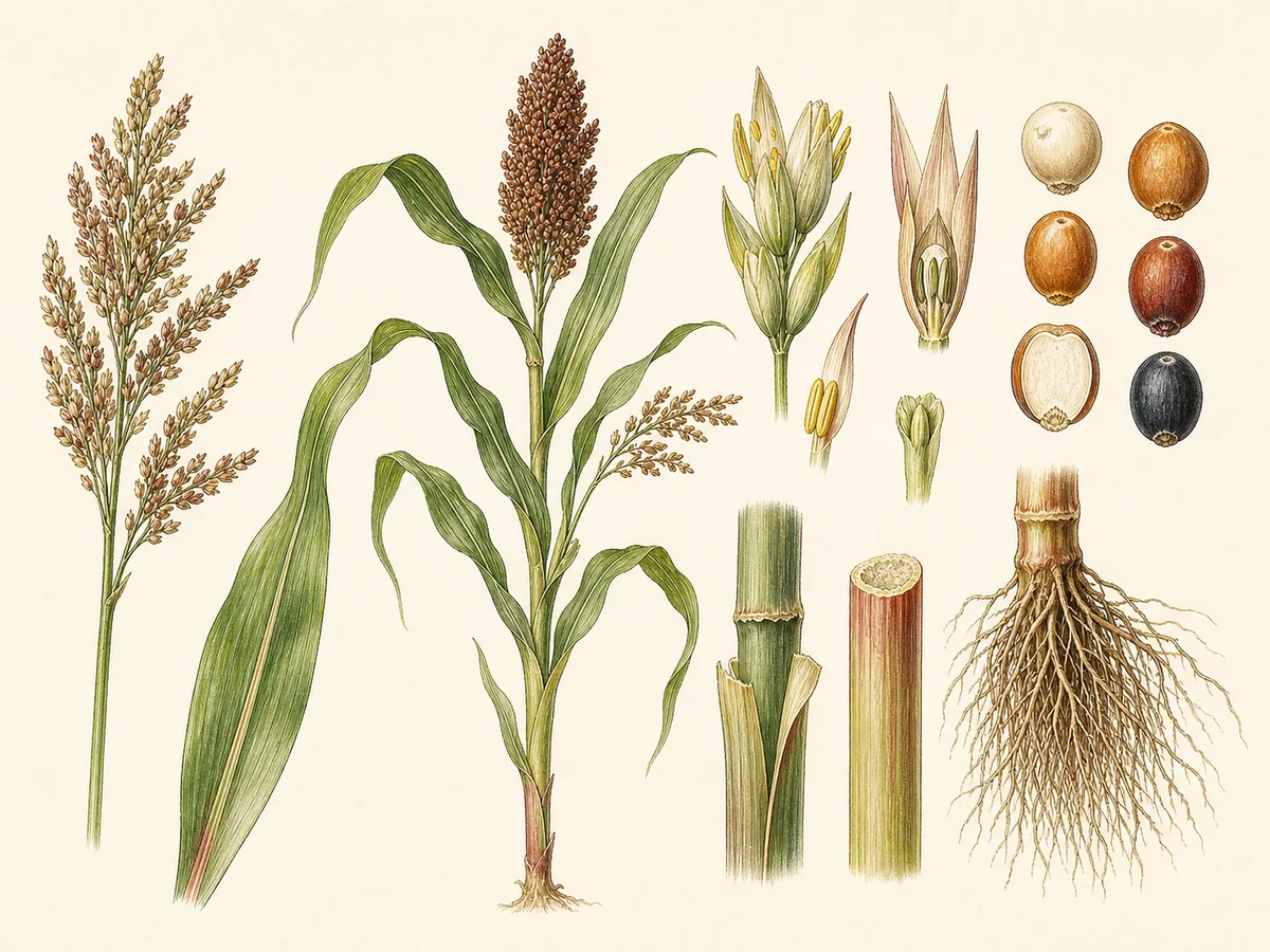 Prancha botânica complementar de Sorgo (Sorghum bicolor) com caracteres de identificação e ciclo de vida