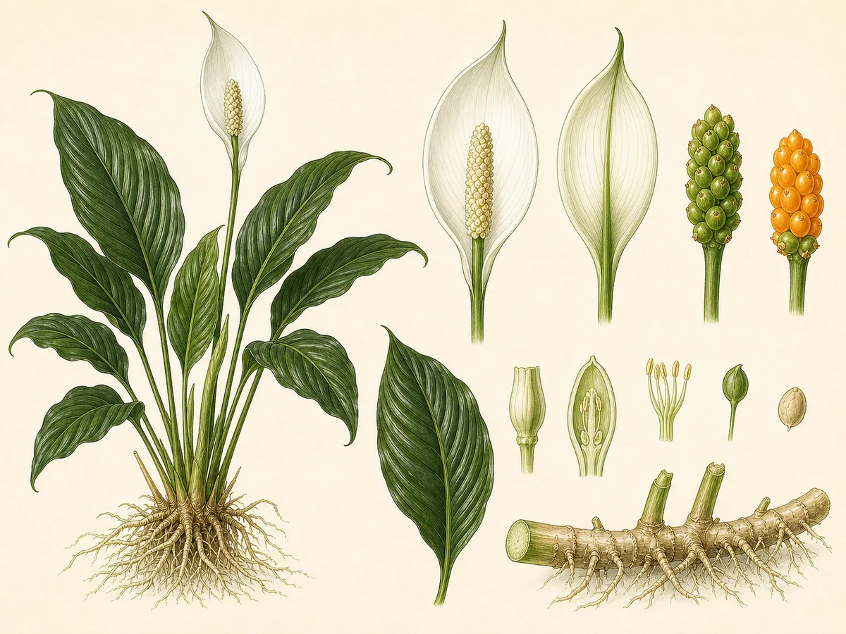 Prancha botânica complementar de Lírio-da-paz (Spathiphyllum cochlearispathum) com caracteres de identificação e ciclo de vida
