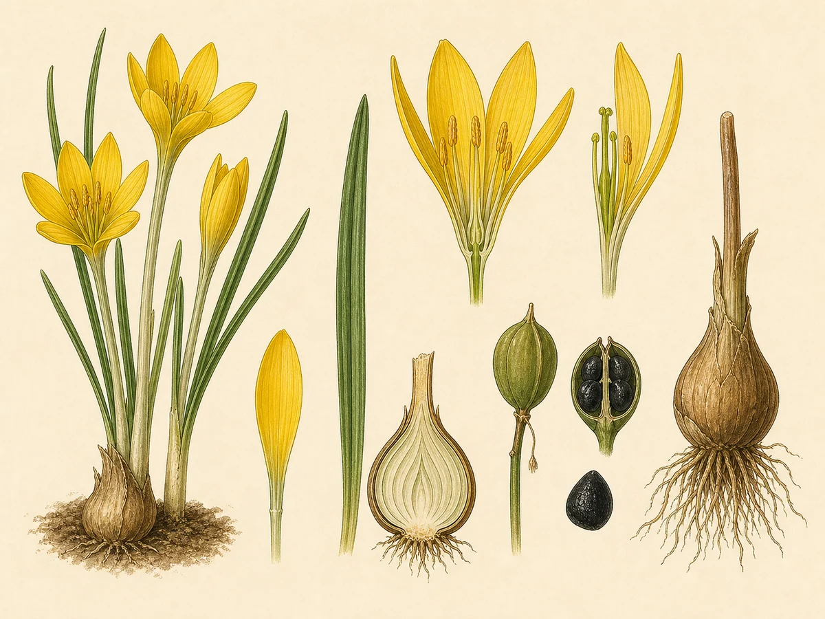 Prancha botânica complementar de Sternbérgia-amarela (Sternbergia lutea) com caracteres de identificação e ciclo de vida