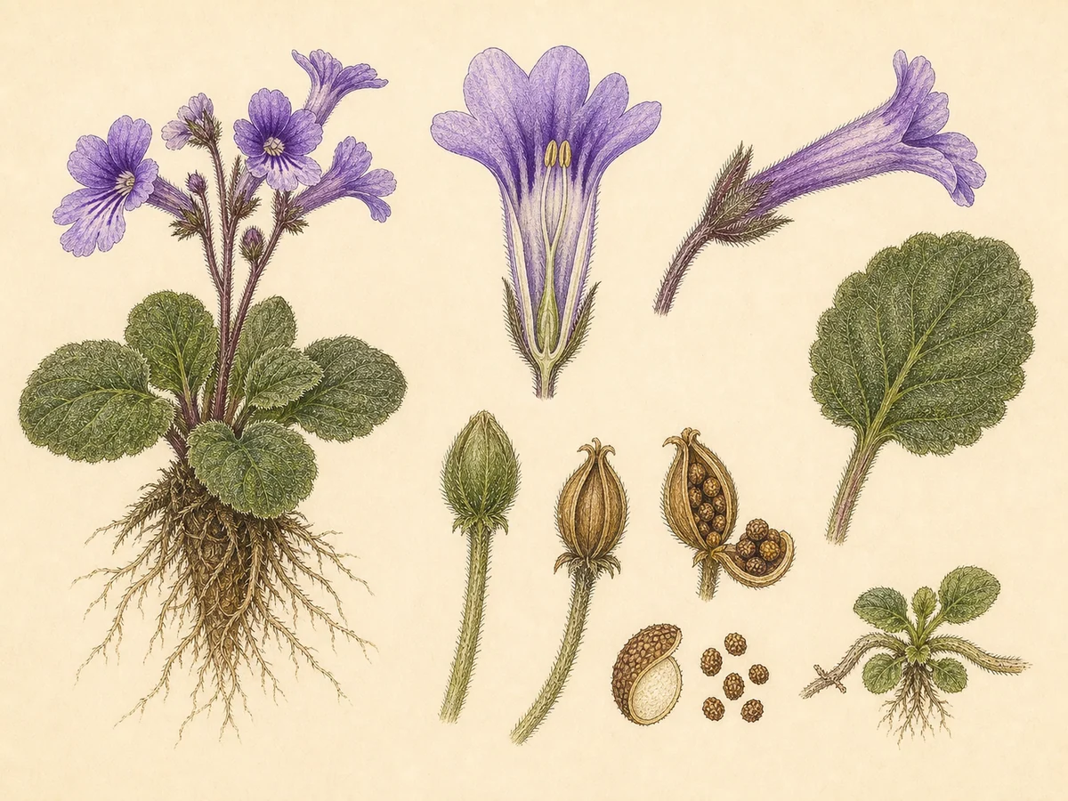 Prancha botânica complementar de Violeta-africana-de-Goetze (Streptocarpus goetzeanus) com caracteres de identificação e ciclo de vida