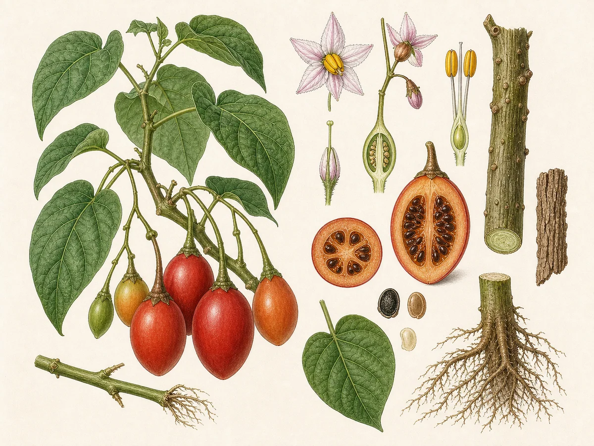 Prancha botânica complementar de Tamarilho (Solanum betaceum) com caracteres de identificação e ciclo de vida
