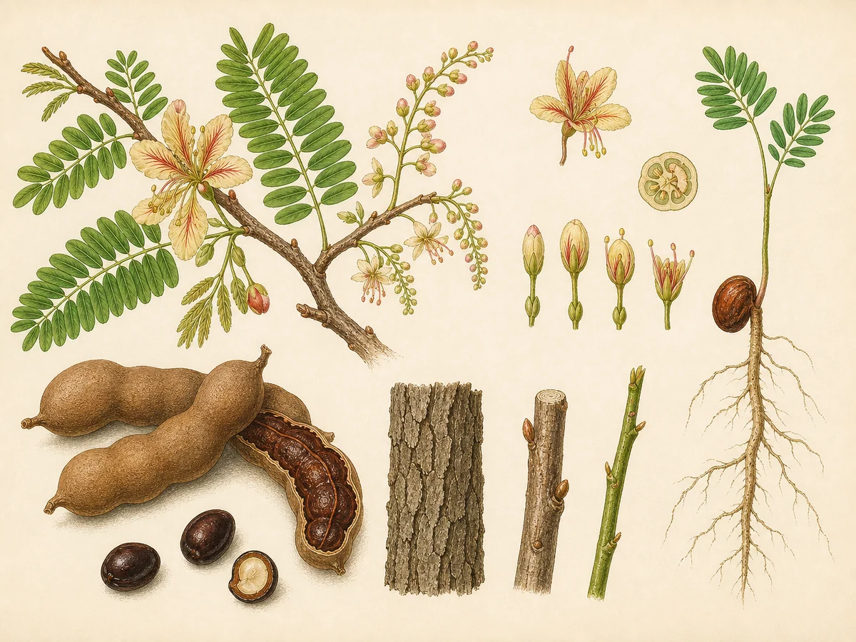 Prancha botânica complementar de Tamarindo (Tamarindus indica) com caracteres de identificação e ciclo de vida