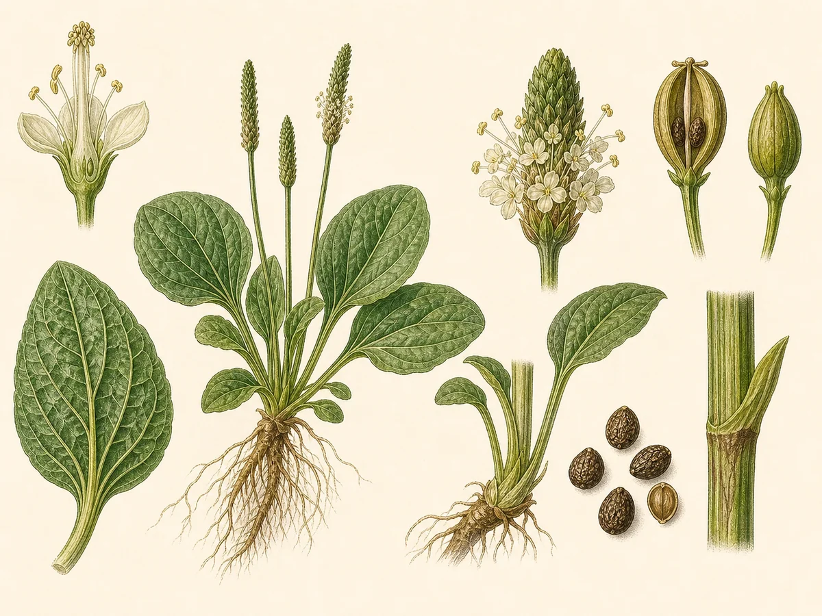 Prancha botânica complementar de Tanchagem-maior (Plantago major) com caracteres de identificação e ciclo de vida