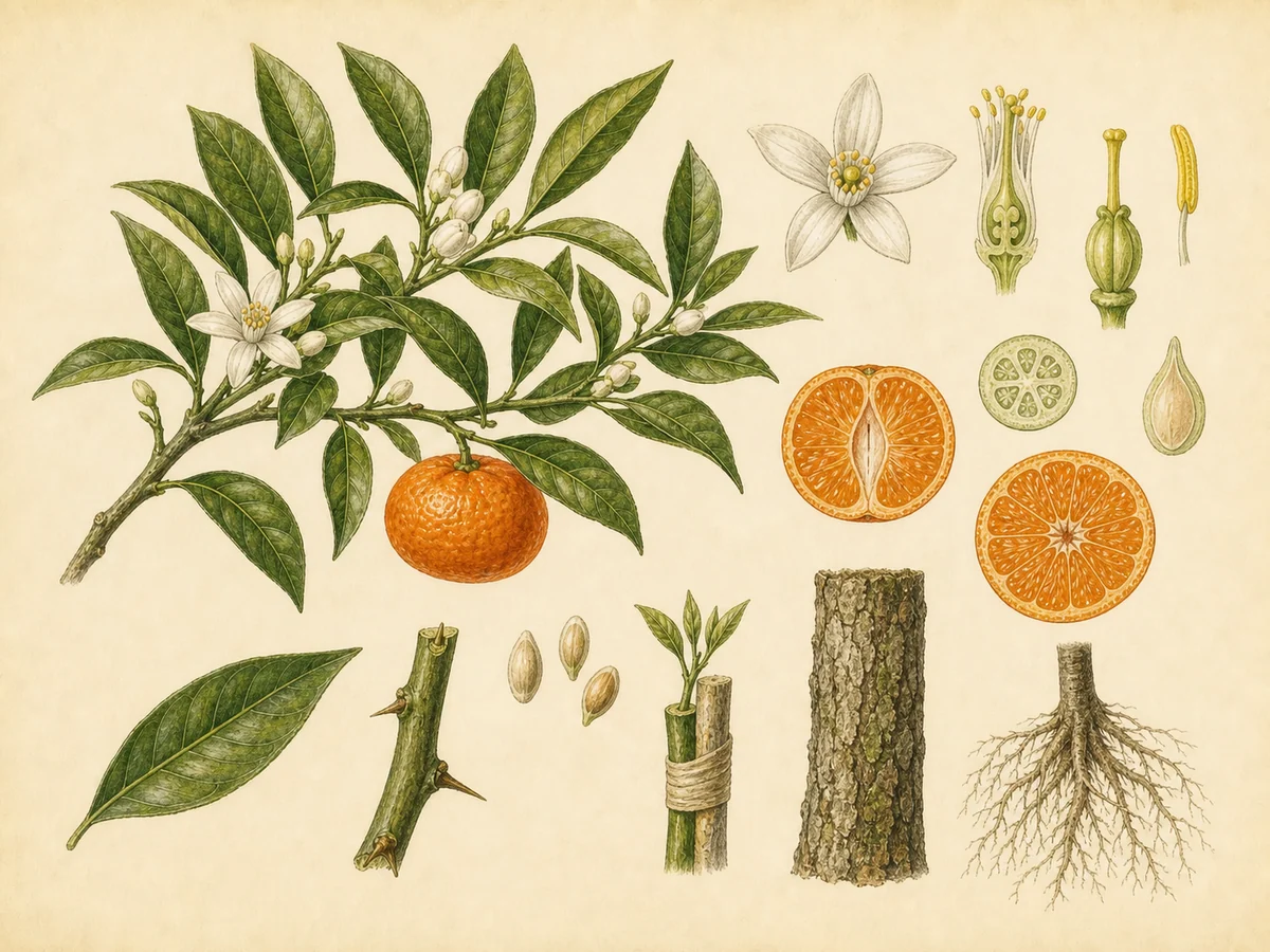 Prancha botânica complementar de Tangerineira Setubalense (Citrus reticulata 'Setubalense') com caracteres de identificação e ciclo de vida