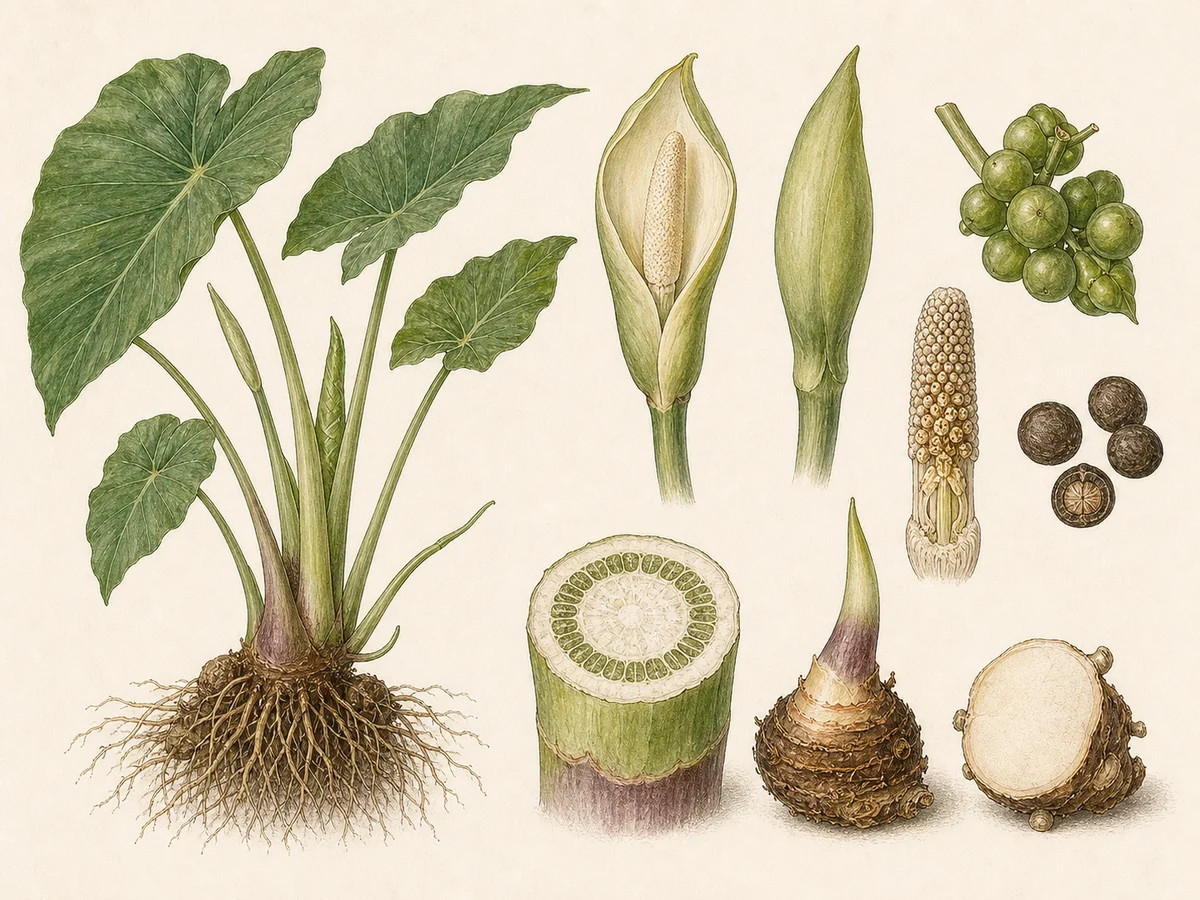 Prancha botânica complementar de Taro (Colocasia esculenta) com caracteres de identificação e ciclo de vida