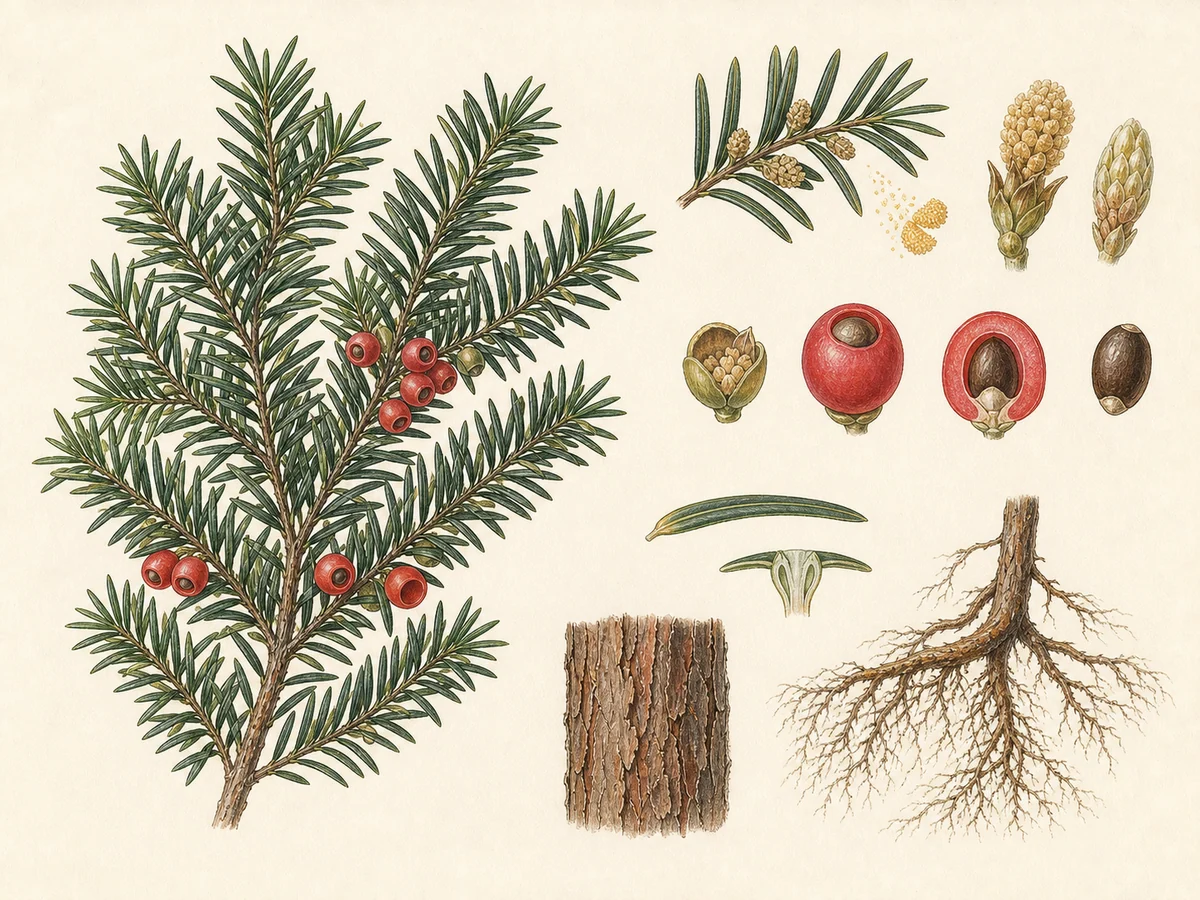 Prancha botânica complementar de Teixo (Taxus baccata) com caracteres de identificação e ciclo de vida