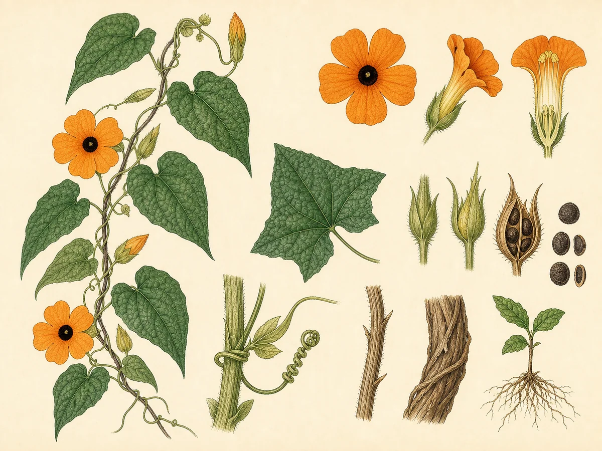 Prancha botânica complementar de Susana-dos-olhos-negros (Thunbergia alata) com caracteres de identificação e ciclo de vida