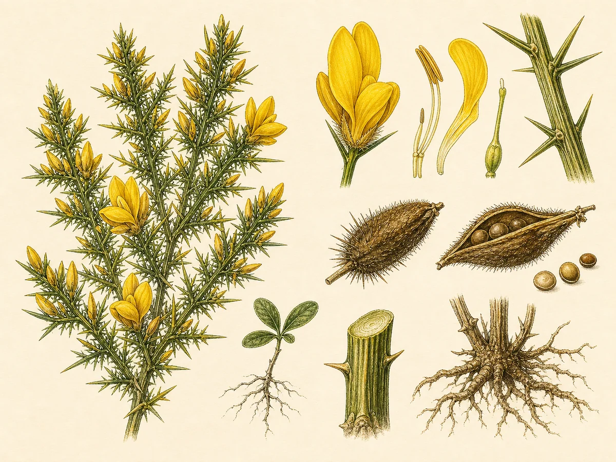 Prancha botânica complementar de Tojo-arnal — não plantar na Madeira (Ulex europaeus) com caracteres de identificação e ciclo de vida