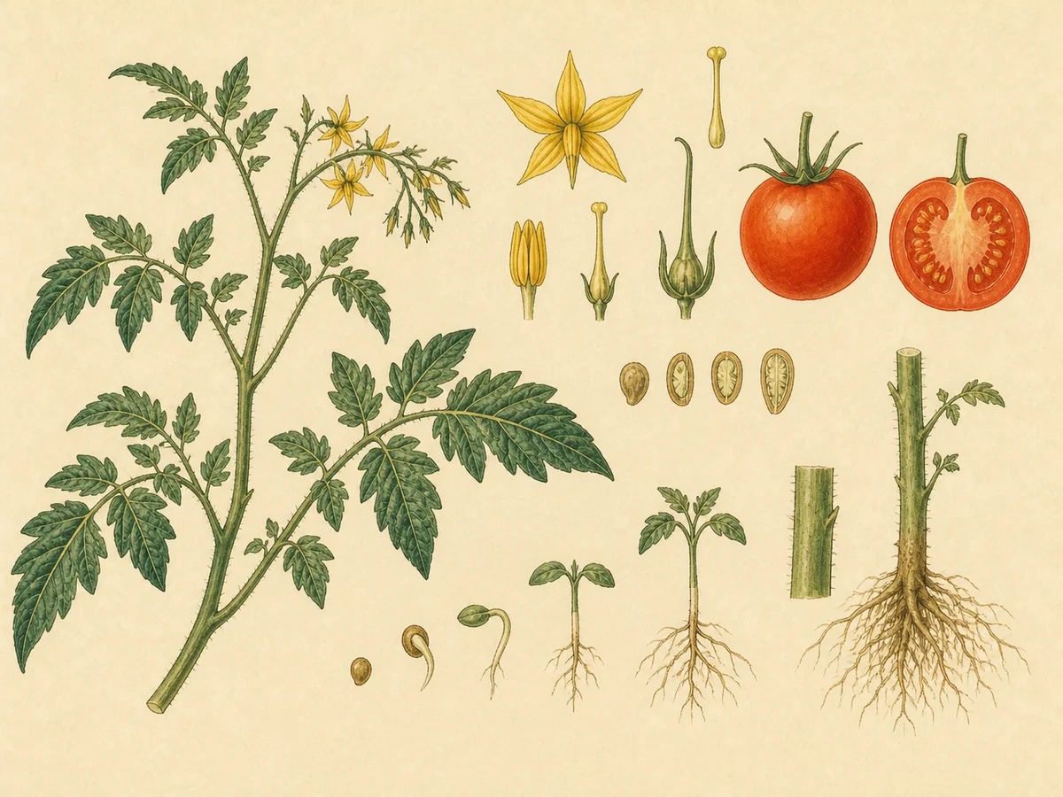 Prancha botânica complementar de Tomate (Solanum lycopersicum) com caracteres de identificação e ciclo de vida