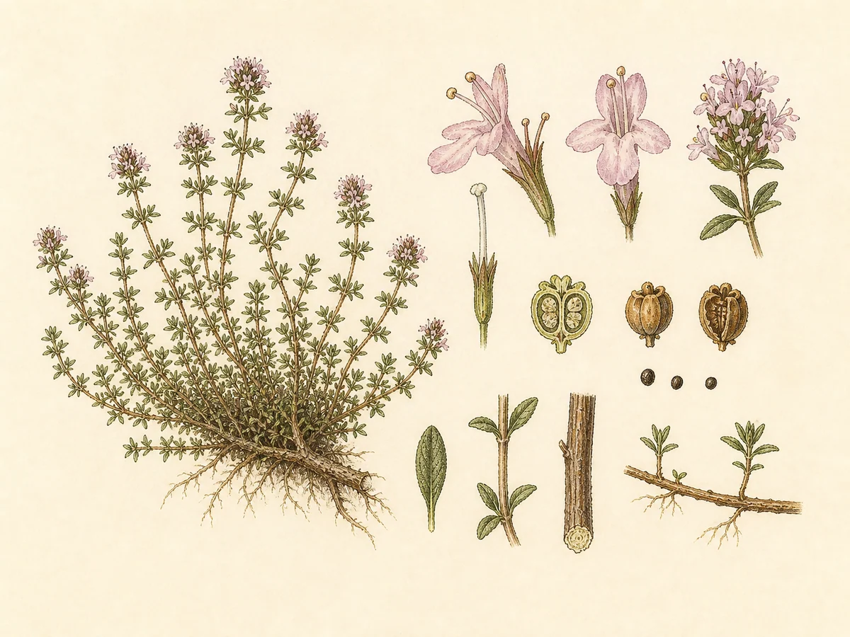 Prancha botânica complementar de Tomilho-comum (Thymus vulgaris) com caracteres de identificação e ciclo de vida