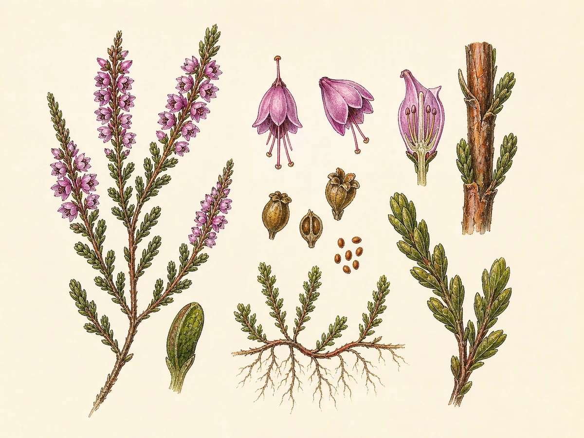 Prancha botânica complementar de Torga (Calluna vulgaris) com caracteres de identificação e ciclo de vida
