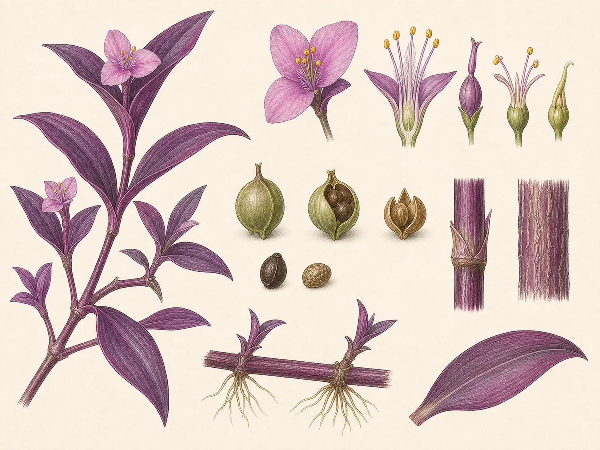 Prancha botânica complementar de Tradescântia-roxa (Tradescantia pallida) com caracteres de identificação e ciclo de vida
