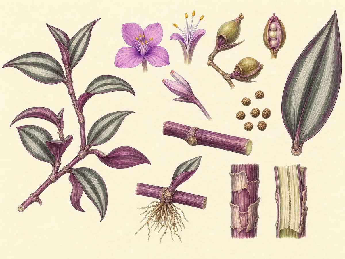 Prancha botânica complementar de Tradescância-zebrina (Tradescantia zebrina) com caracteres de identificação e ciclo de vida