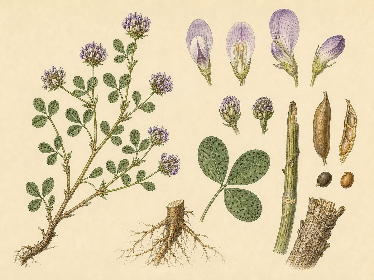 Prancha botânica complementar de Trevo-betuminoso (Bituminaria bituminosa) com caracteres de identificação e ciclo de vida