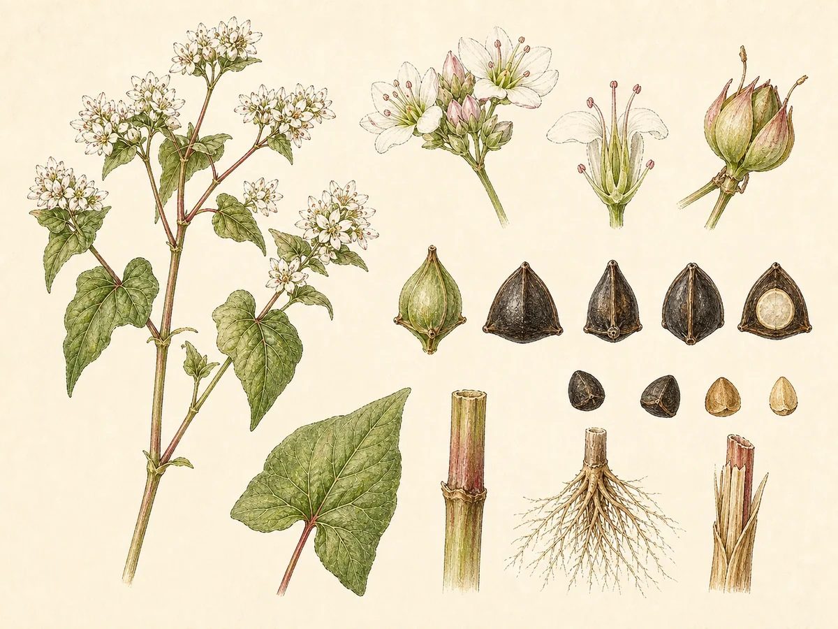 Prancha botânica complementar de Trigo-sarraceno (Fagopyrum esculentum) com caracteres de identificação e ciclo de vida