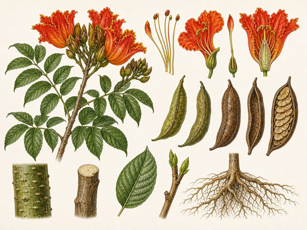 Prancha botânica complementar de Tulipeira-africana (Spathodea campanulata) com caracteres de identificação e ciclo de vida