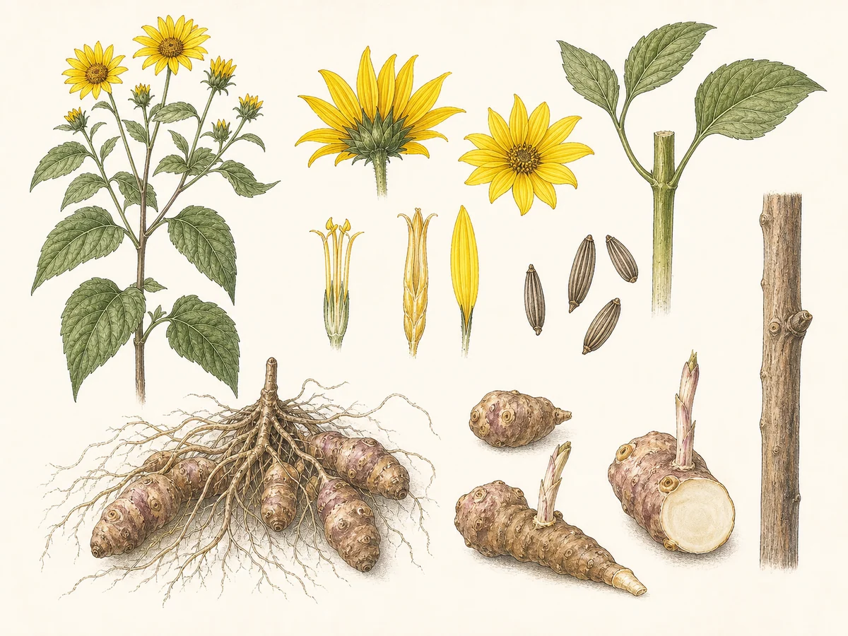 Prancha botânica complementar de Tupinambo (Helianthus tuberosus) com caracteres de identificação e ciclo de vida