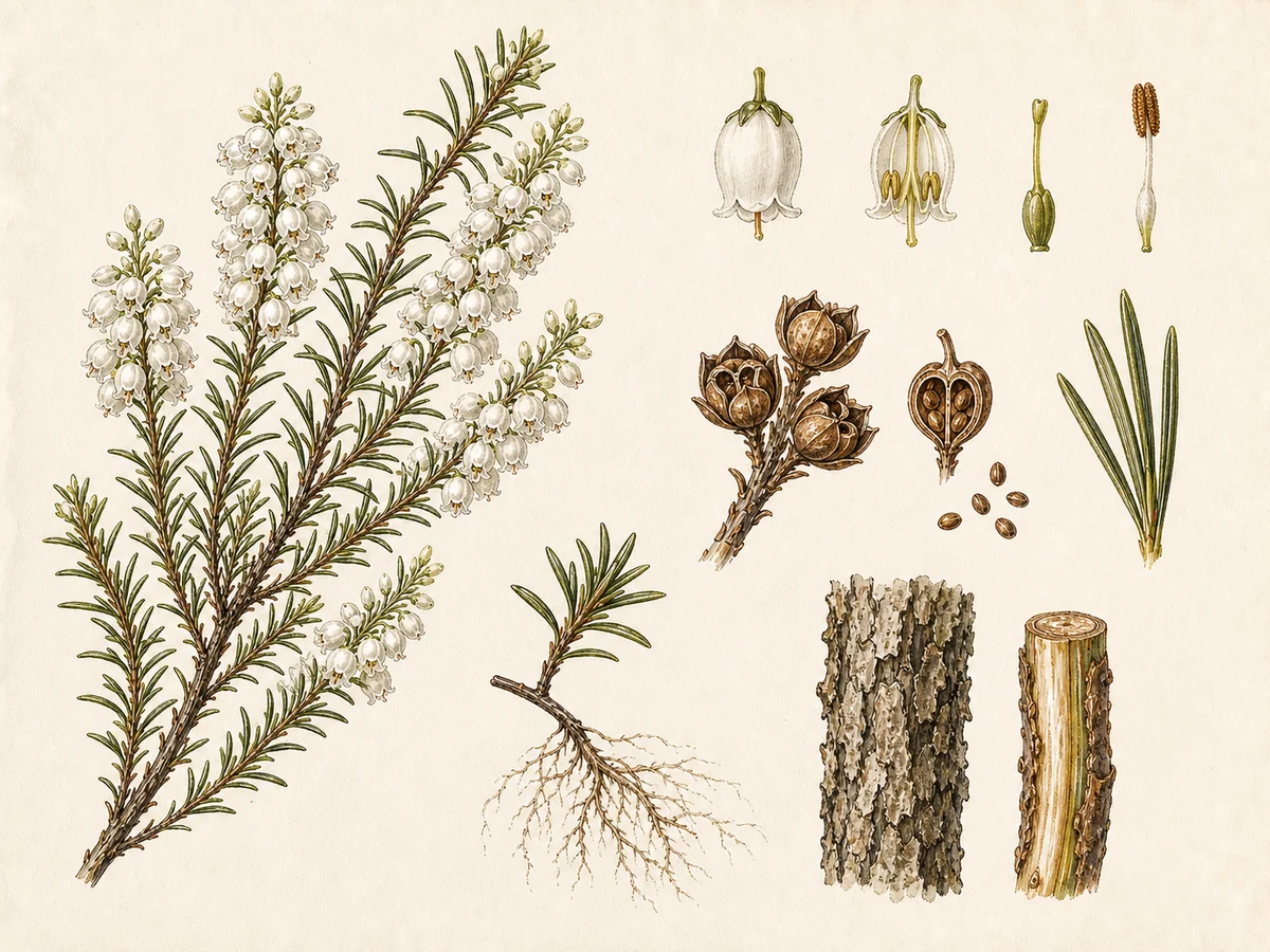 Prancha botânica complementar de Urze-branca (Erica arborea) com caracteres de identificação e ciclo de vida