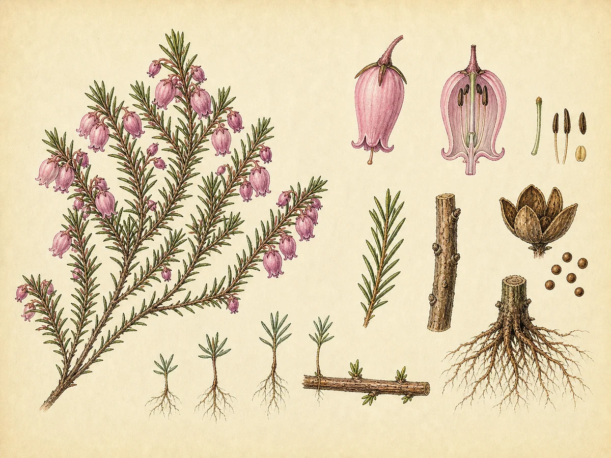 Prancha botânica complementar de Urze-de-inverno (Erica carnea) com caracteres de identificação e ciclo de vida