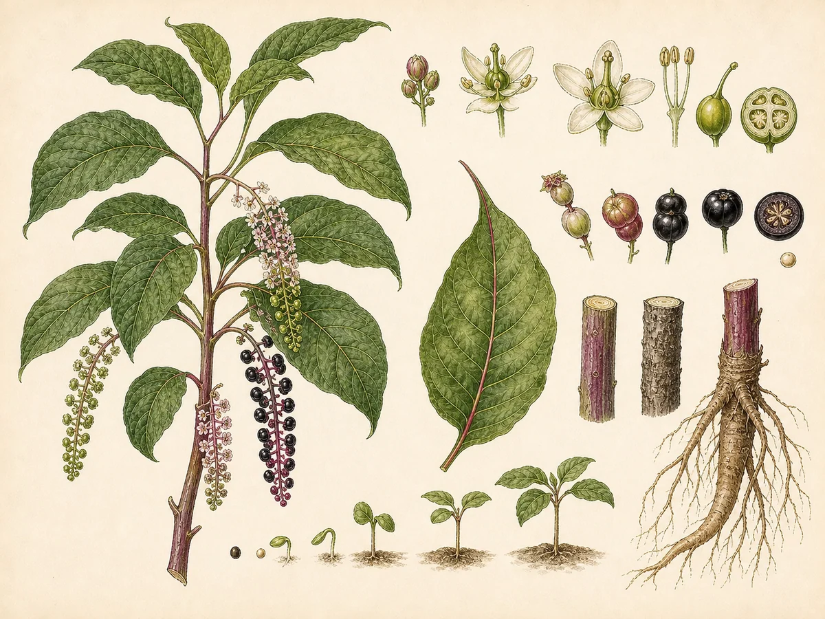 Prancha botânica complementar de Uva-de-cão-americana (Phytolacca americana) com caracteres de identificação e ciclo de vida