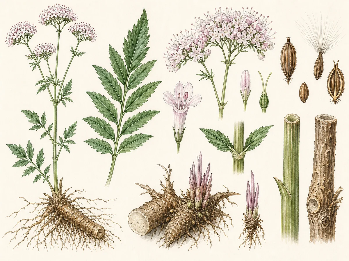 Prancha botânica complementar de Valeriana (Valeriana officinalis) com caracteres de identificação e ciclo de vida