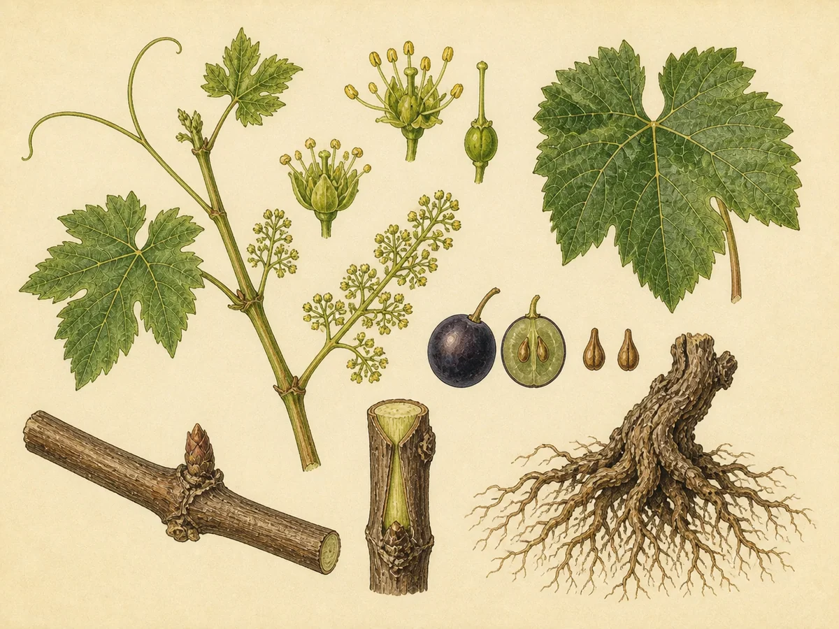 Prancha botânica complementar de Videira (Vitis vinifera) com caracteres de identificação e ciclo de vida