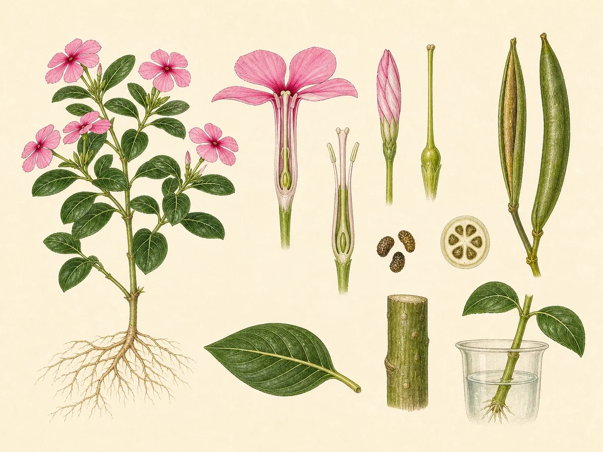 Prancha botânica complementar de Vinca-de-Madagáscar (Catharanthus roseus) com caracteres de identificação e ciclo de vida
