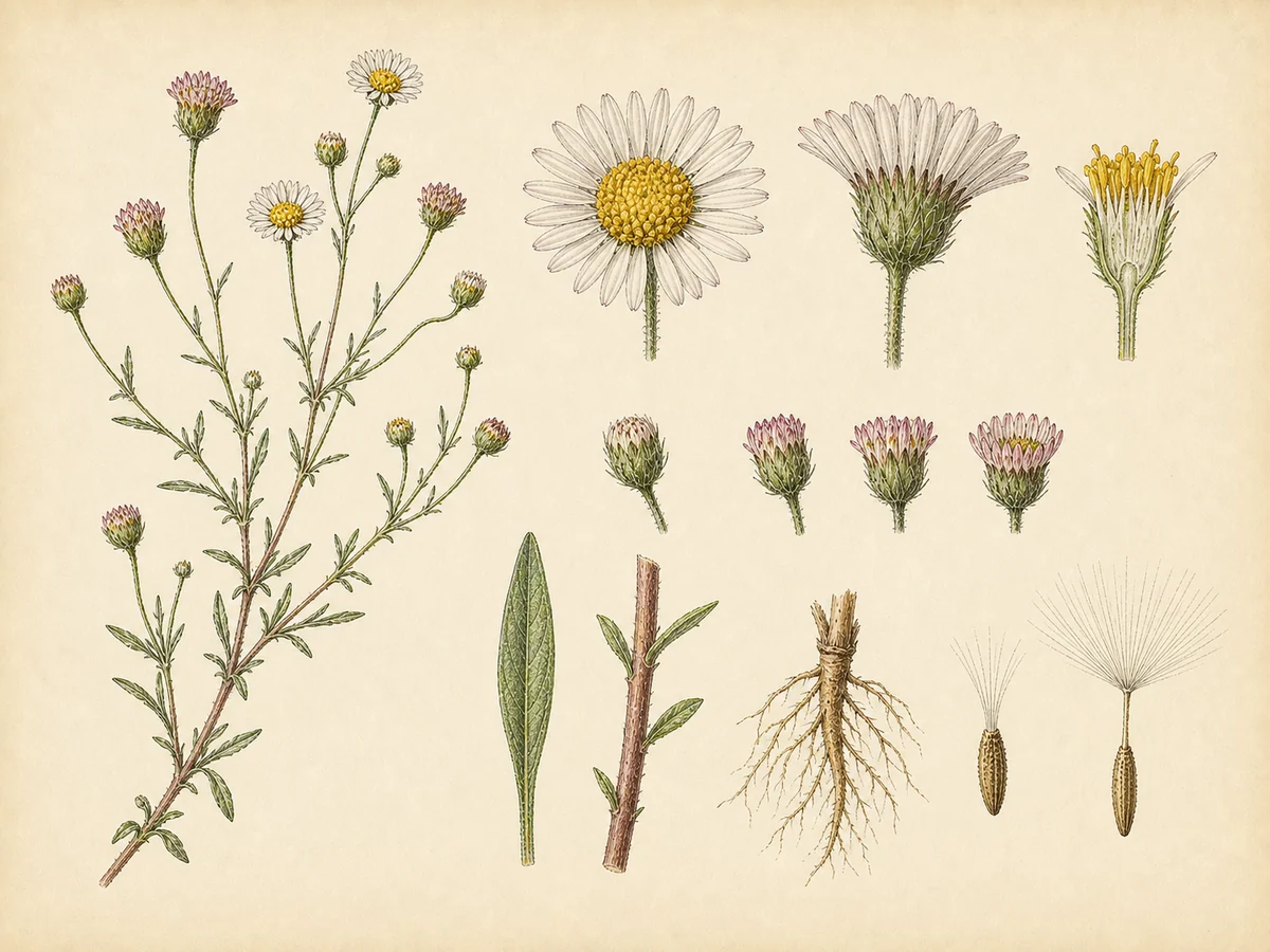 Prancha botânica complementar de Vitadínia-das-floristas (Erigeron karvinskianus) com caracteres de identificação e ciclo de vida