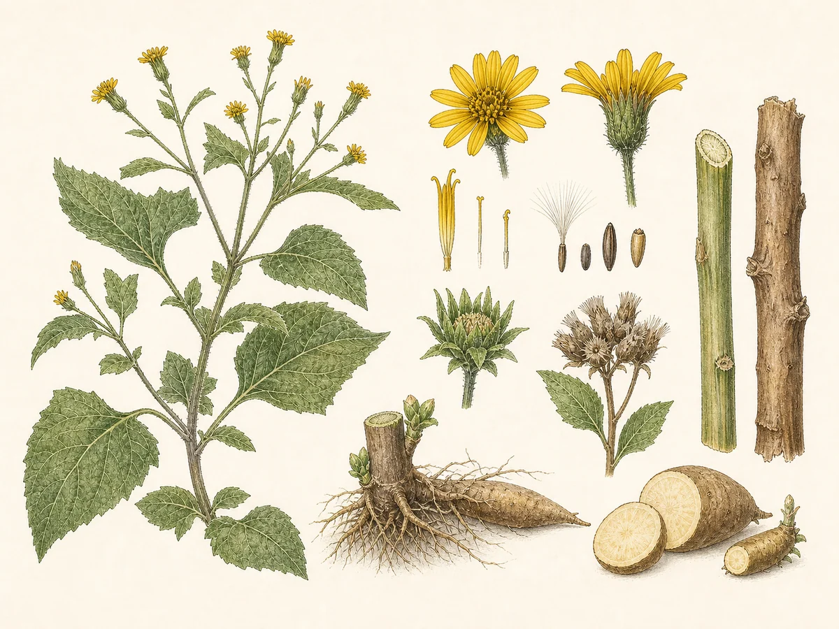 Prancha botânica complementar de Yacon (Smallanthus sonchifolius) com caracteres de identificação e ciclo de vida