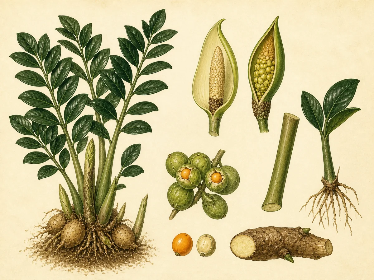 Prancha botânica complementar de Zamioculca (Zamioculcas zamiifolia) com caracteres de identificação e ciclo de vida