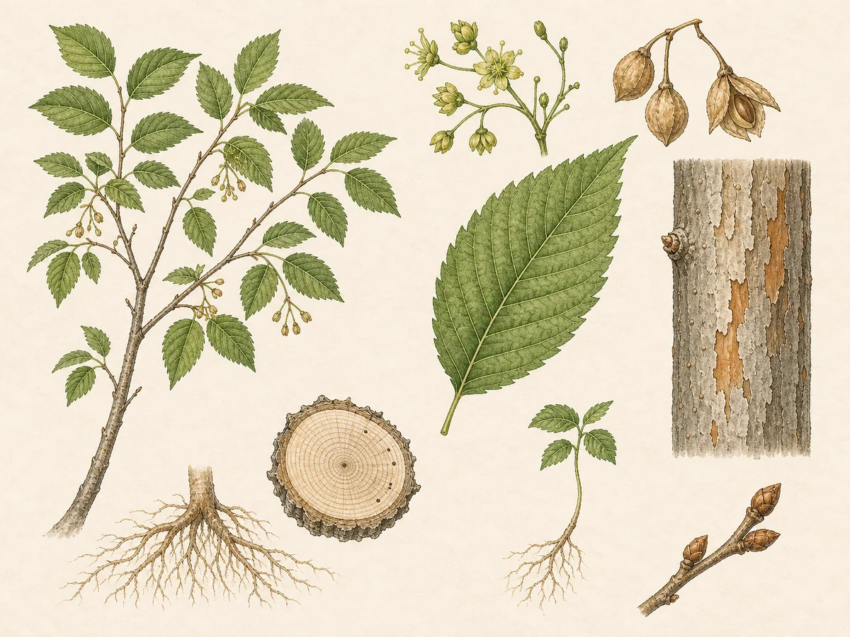 Prancha botânica complementar de Zelkova-japonesa (Zelkova serrata) com caracteres de identificação e ciclo de vida